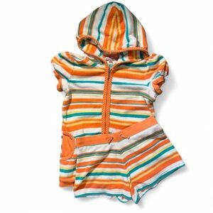 🍊Juicy Couture orange, white and green striped terry cloth zip hoodie shorts set